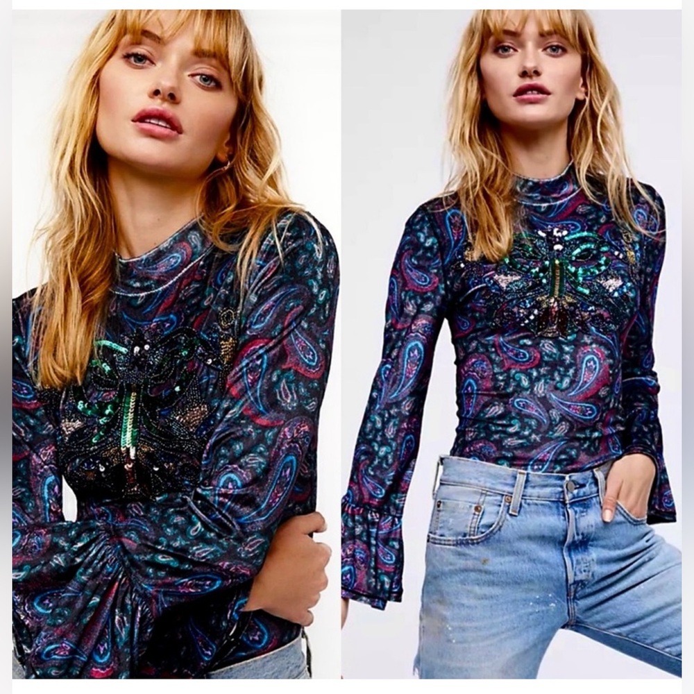 We The Free L’Amour Paisley Velvet Bell-Sleeve Mock Neck Top with Sequin Detail